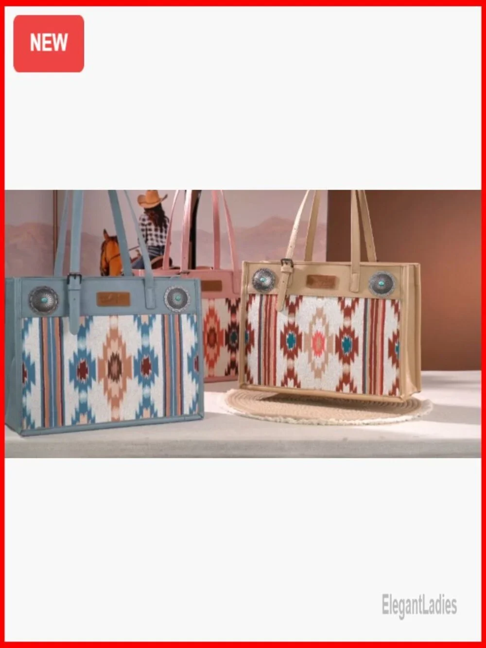 Aztec Print Canvas Hobo Shoulder Bag with Turquoise Conchos
